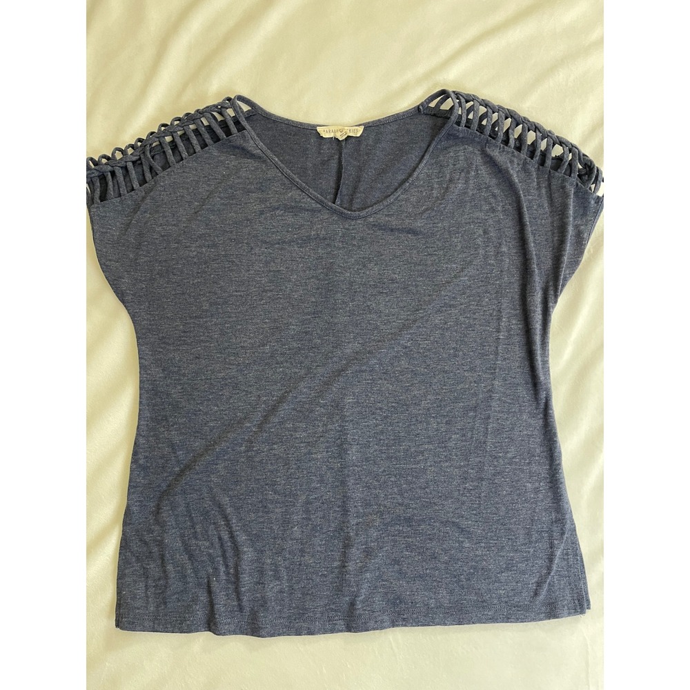 Parallel Skies Womens Blue Lattice Shoulder V-Neck Short Sleeve Top Size Medium